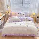 Obbty Floral Cartoon Rabbit Bedding Set Embroidery Duvet Cover Queen Twin Full Size Kawaii Comforter Covers with Pillowcases for Girls