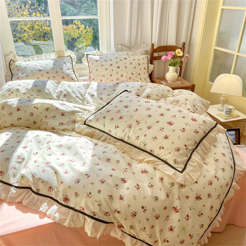 Obbty Bedding Set Cotton Printing Korean Style Lace Models Four-piece Bed Sheet Set Duvet Cover Pillowcase Home Textiles