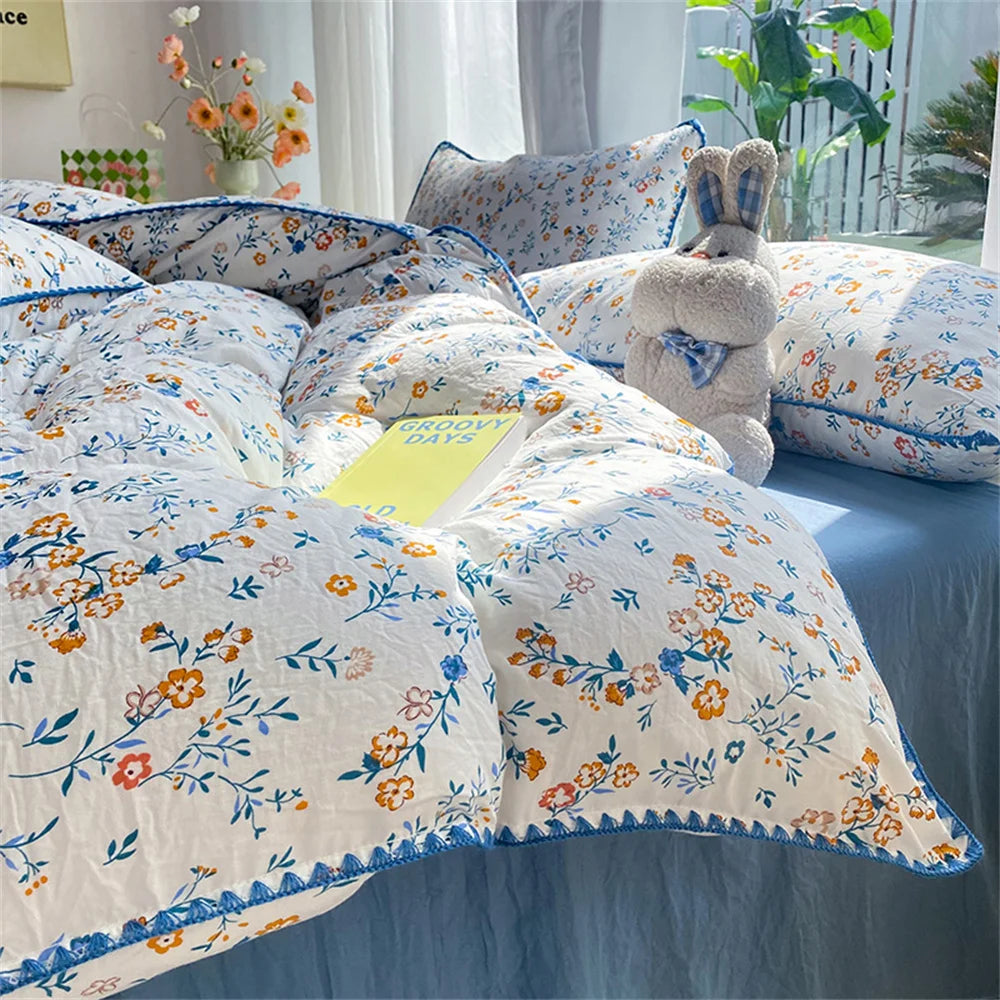 Obbty French Style Flower Bedding Sets Washed Cotton Bed Linens Soft Quilt Cover Sheet Couple Girls Floral Bedspread Home Textiles