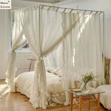 Obbty Pastoral Linen Canopy Bed Curtains with Ruffles, Large Elegant Bed Canopy Curtains Sheer Curtains with Racks Full Set