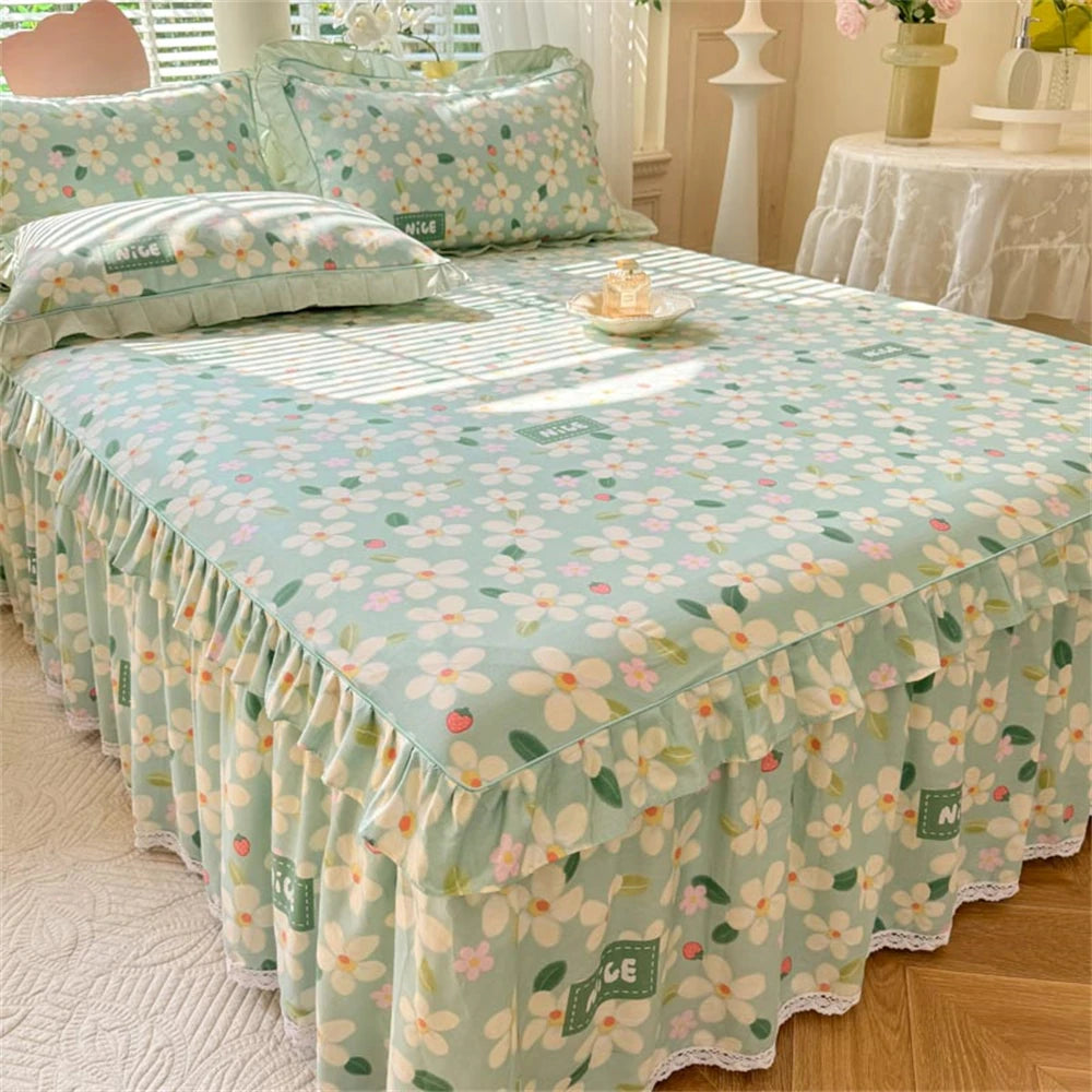 Obbty Pink Green Flower 100%Cotton Bed Skirt Set Soft Comfortable Queen/King Size Bed Skirts Pleated Luxury falda de cama with Ruffles