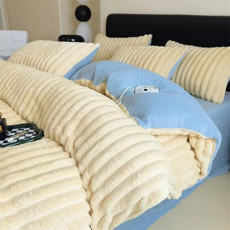 Obbty Winter Thickened Plush Warm Duvet Cover Set Solid Color Luxury High Quality Quilt Cover Sheet Pillowcase 4pcs Queen Bedding Set