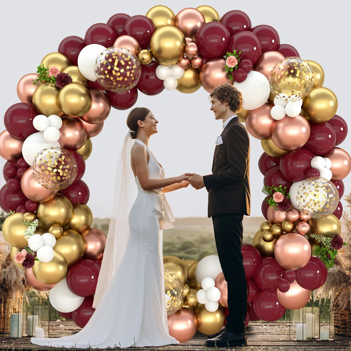 Obbty 1Set Burgundy Wine Red Balloons Garland Kit Ruby Red Balloon Arch Gold Chrome Balloons Valentines Day Decor Wedding Party Decor