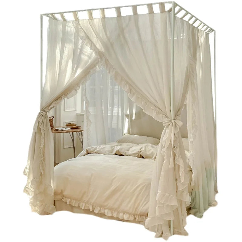 Obbty Eco-friendly Linen Fabric Bed Canopy for Girls & Adults, Linen Bed Curtain Canopy Drapes, Lace Ruffle Pastoral Canopies Netting