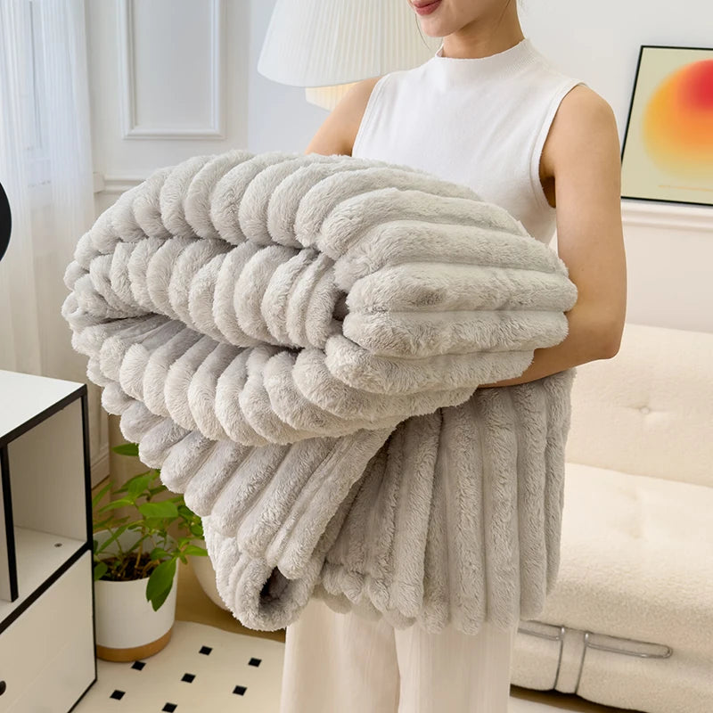 Obbty Soft Fluffy Wide Striped Blankets for Beds Air Conditioner Plush Throw Blanket Winter Bed Linen Sofa Cover Bedspread Blankets