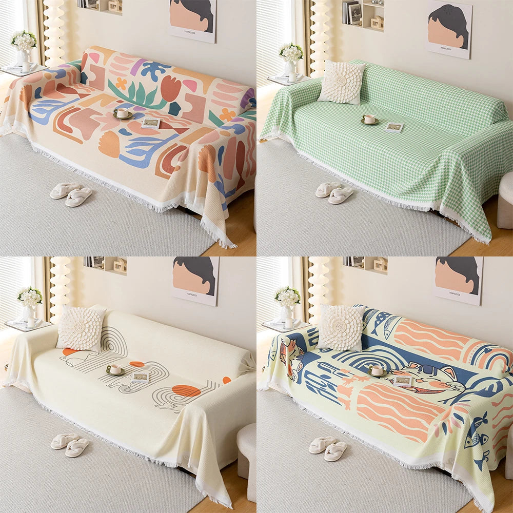 Obbty  Summer Waffle Sofa Towel Bohemian Style Cartoon Sofa Cover Home Couch Cover Living Room Blanket Sofa Protector