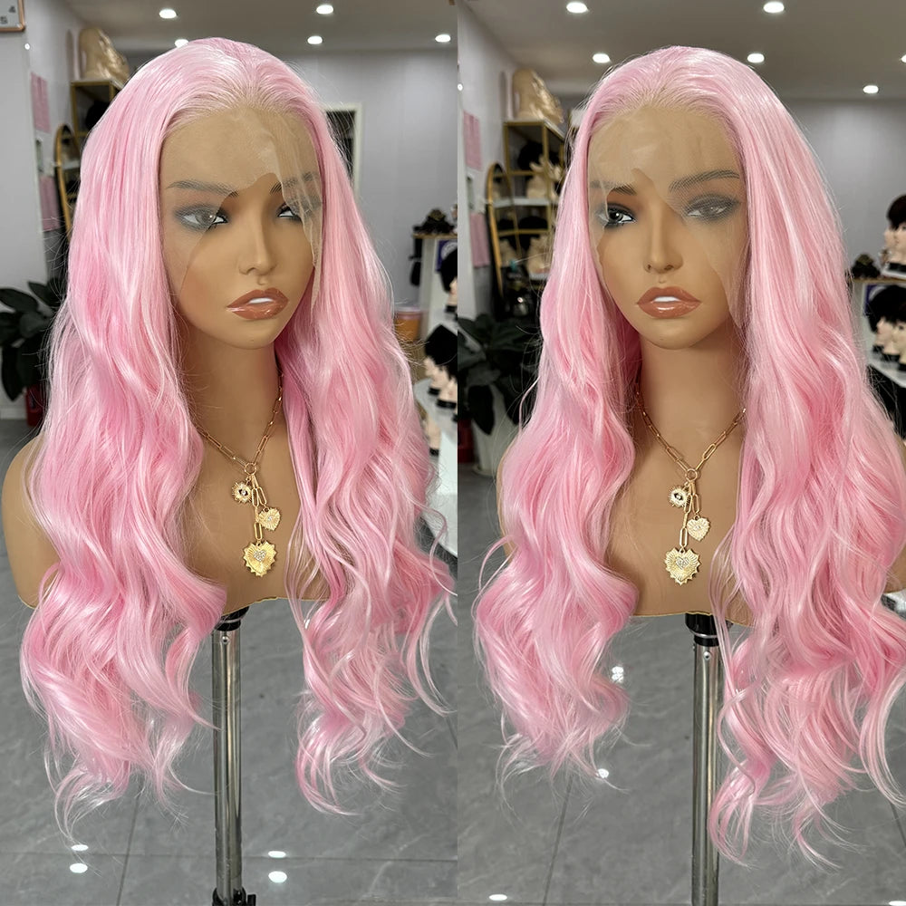 Obbty Light Pink Wave Lace Hair Synthetic Frontal Lace Wig for Women Long Body Wave Pastel Pink Lace Wig Color Hair Cosplay Daily Wear