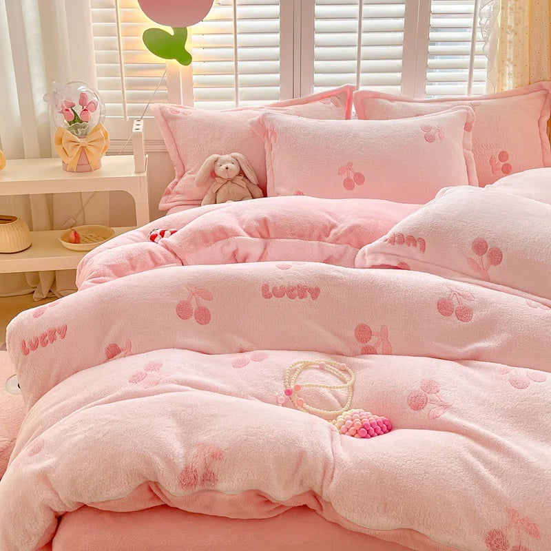 Obbty Winter Thick Warm Plush Comforter Cover Queen Bedding Sets Cartoon Quilt Cover Bed Sheet Pillowcase 4pcs Luxury Bed Linens