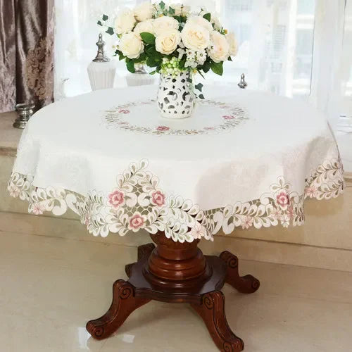 Obbty New Lace Tablecloth Pastoral Round Tablecloth Dining Table Cloths Home Embroidery Table Cover Rose Gold Decoration House Towel