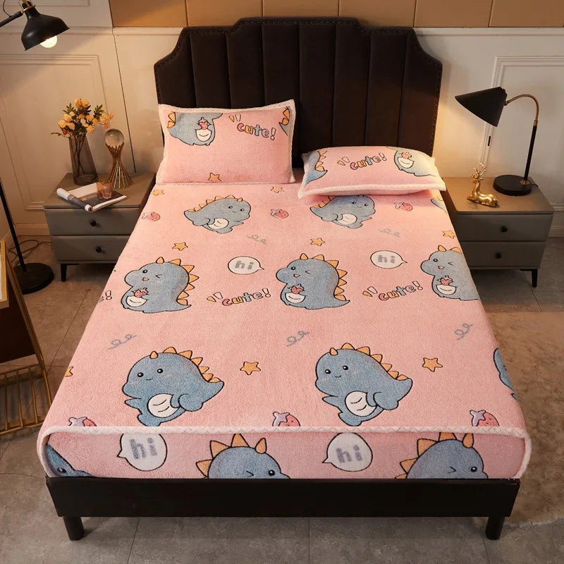 Obbty Winter Thicken Warm Coral Velvet Bed Sheet Sets Cartoon Double Bedspread Non-slip Mattress Cover Fitted Sheet with 2 Pillowcases