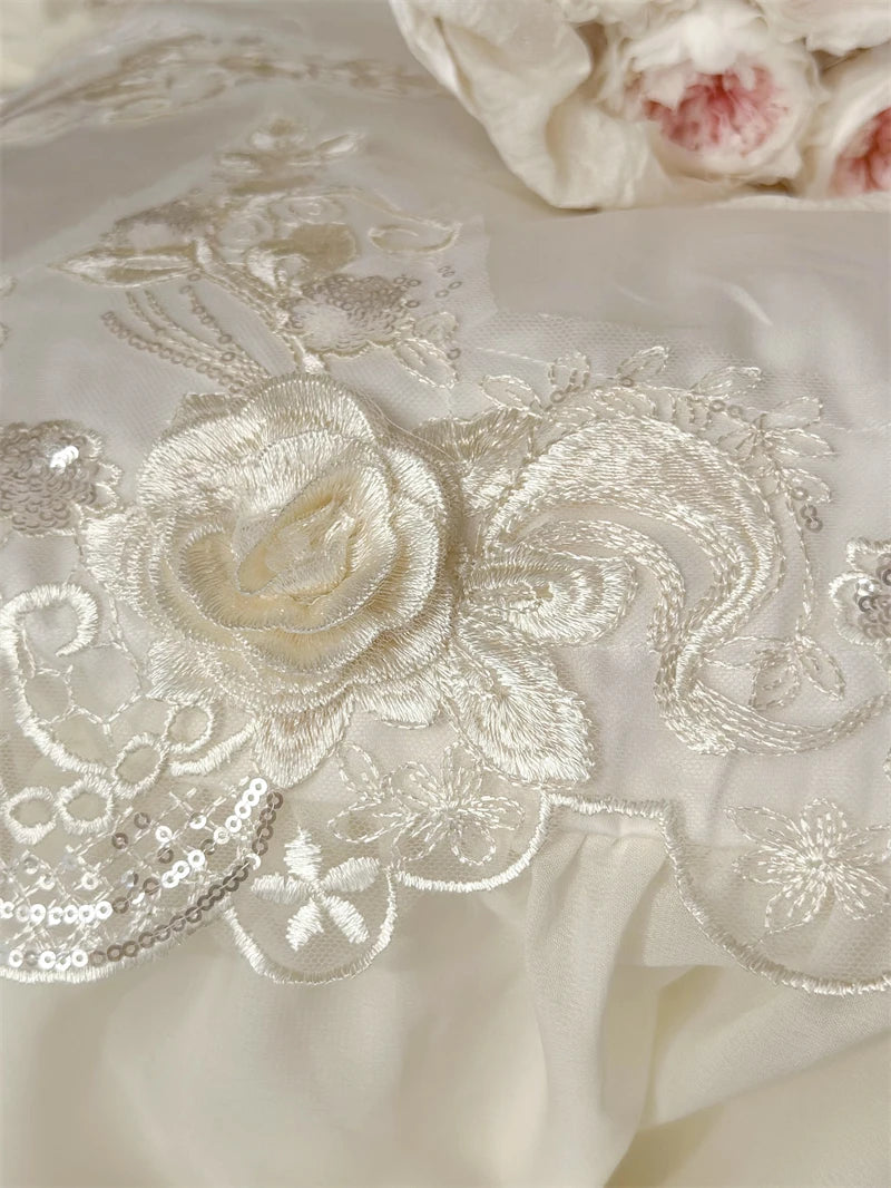 Obbty Egyptian Cotton Wedding Bedding Set, Romantic French Lace Ruffles, Flowers Embroidery, Duvet Cover, Bed Sheet, Pillowcases