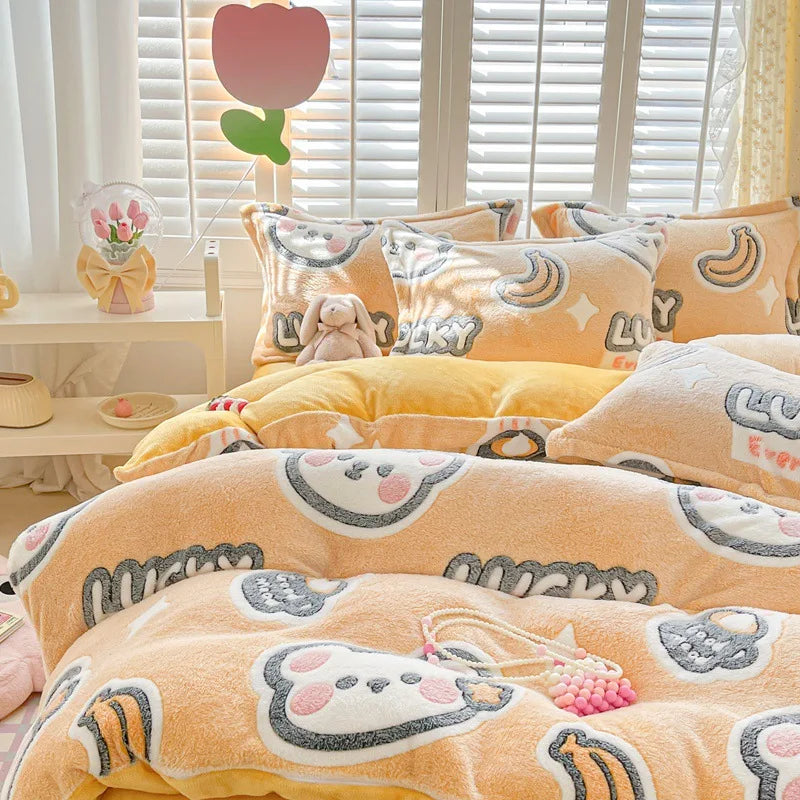 Obbty Winter Thick Warm Plush Comforter Cover Queen Bedding Sets Cartoon Quilt Cover Bed Sheet Pillowcase 4pcs Luxury Bed Linens