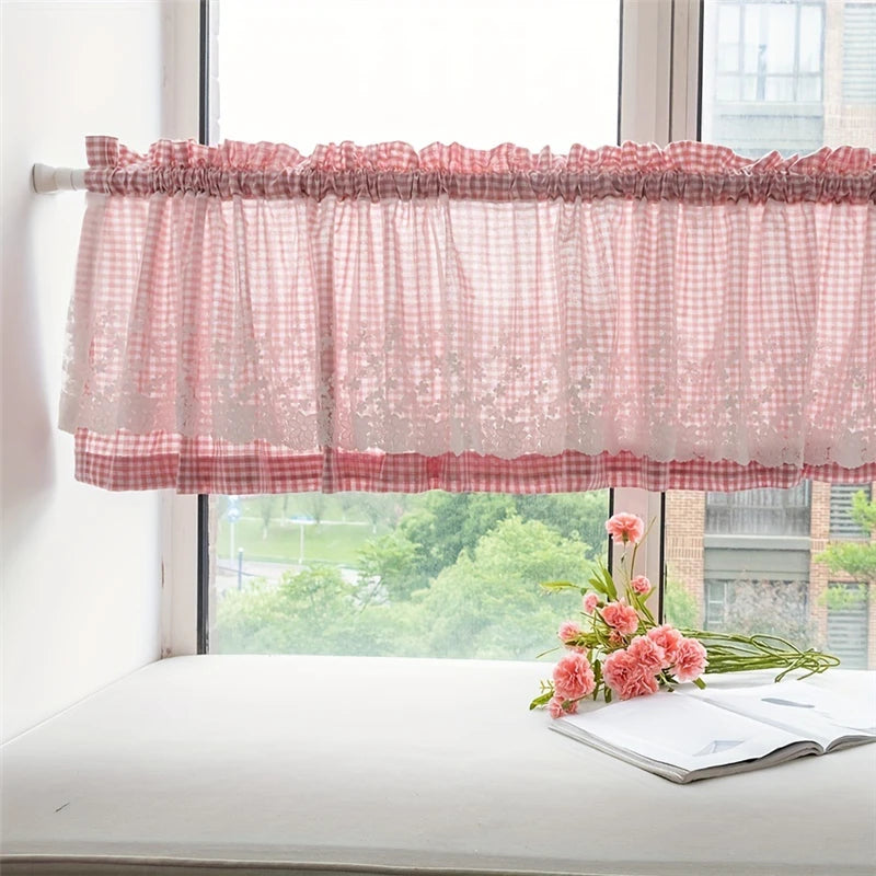 Obbty Japanese Sweet Pink Lace Short Curtains Living Room Korea Double Layer Tulle Half Curtains for Kitchen #A210