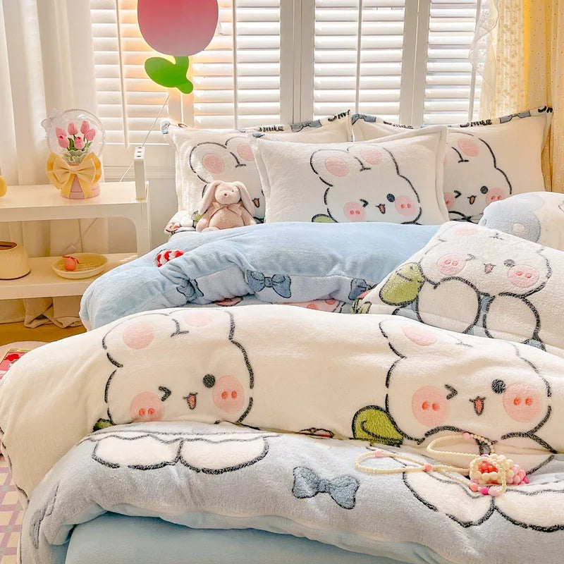 Obbty Winter Thick Warm Plush Comforter Cover Queen Bedding Sets Cartoon Quilt Cover Bed Sheet Pillowcase 4pcs Luxury Bed Linens