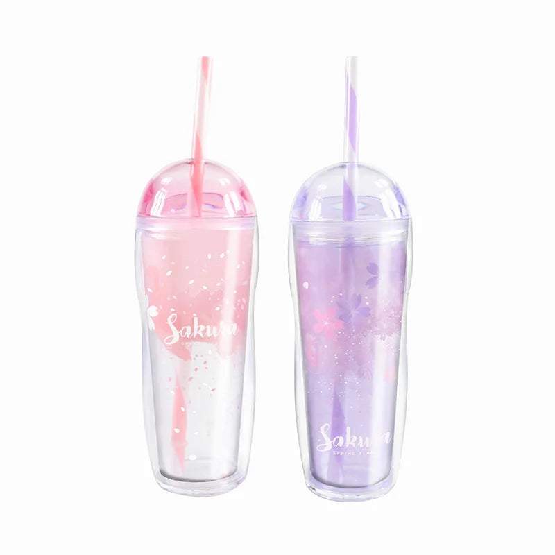 Obbty Kawaii Cherry Blossom Glass Sequin Double Layer Plastic Bottle Crushed Ice Cup Summer Drink Tumbler with Straw Coffee Juice Cups