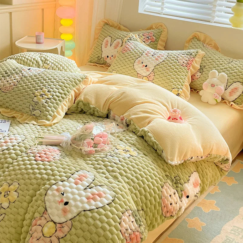 Obbty Winter Cartoon Plush Warm Duvet Cover Set with Sheet Pillowcase 4pcs Bedding Set Home Textiles Luxury Queen Size Bed Linens Set