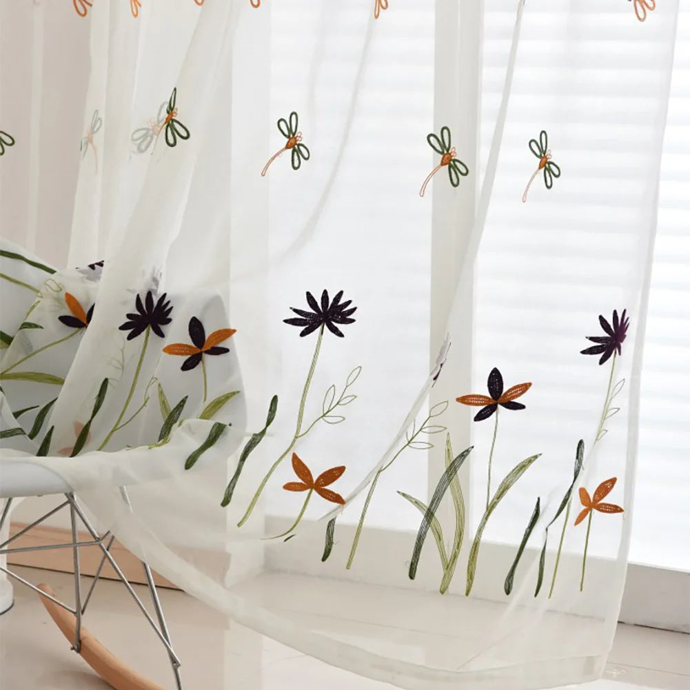 Obbty Home Decor Pack of 2 Sunflower/Dragonfly/Butterfly Princess Voile Curtains Transparent Embroidery Pattern Children's Girls Room