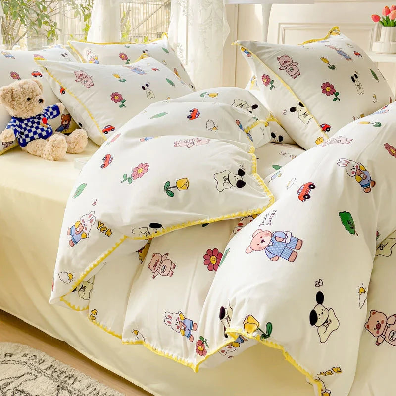 Obbty Pastoral Girls Flower Bedding Sets, Washed Cotton Bed Linens, Soft Quilt Cover Sheet Set, Simple Bedspread, Home Textiles