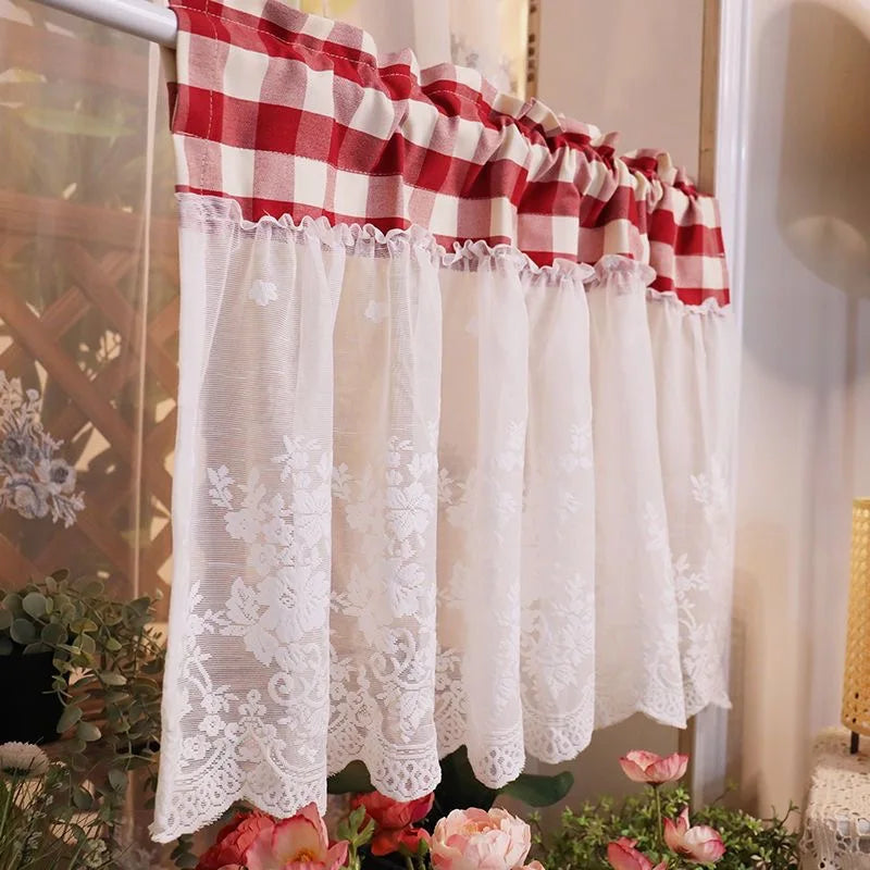 Obbty Korea Sweet Stitching Red Plaid Short Curtains Plaid Lace Half Curtain for Kitchen Coffee Shop