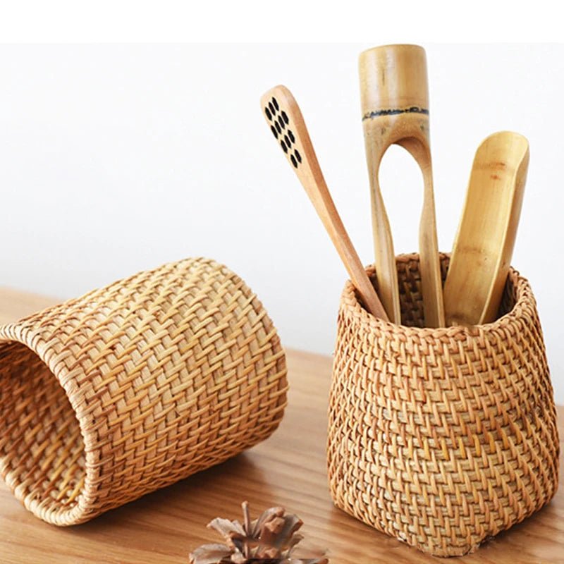 Obbty Handmade Pen Holder Woven Wood Vine Rattan Stationery Container Storage Box Organizer Students Gifts Office School Desk Supplies