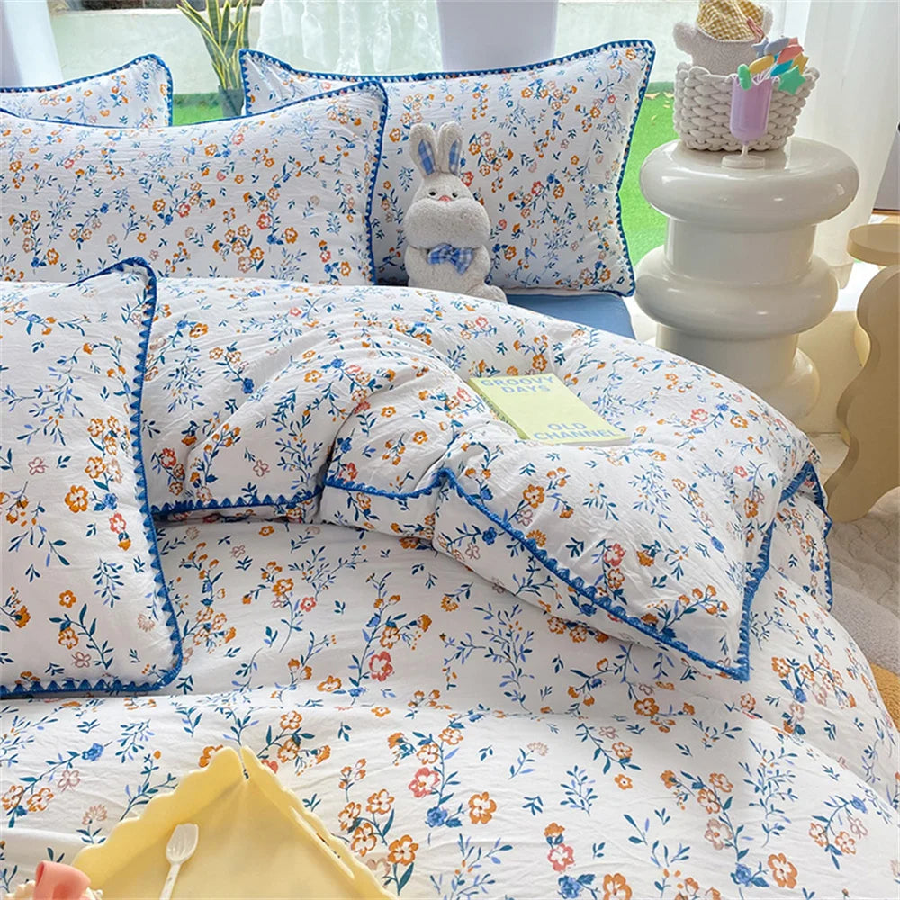 Obbty French Style Flower Bedding Sets Washed Cotton Bed Linens Soft Quilt Cover Sheet Couple Girls Floral Bedspread Home Textiles