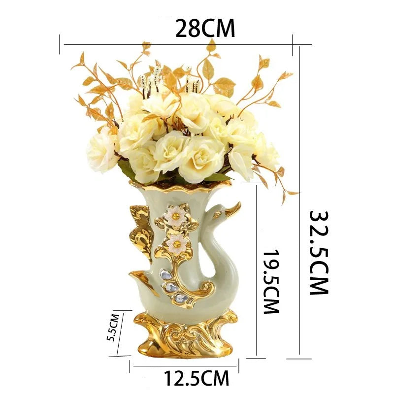 Obbty European style Ceramic Gold Vase Arrangement Dining Table Home Decoration Accessories Creative Golden Swan Vases