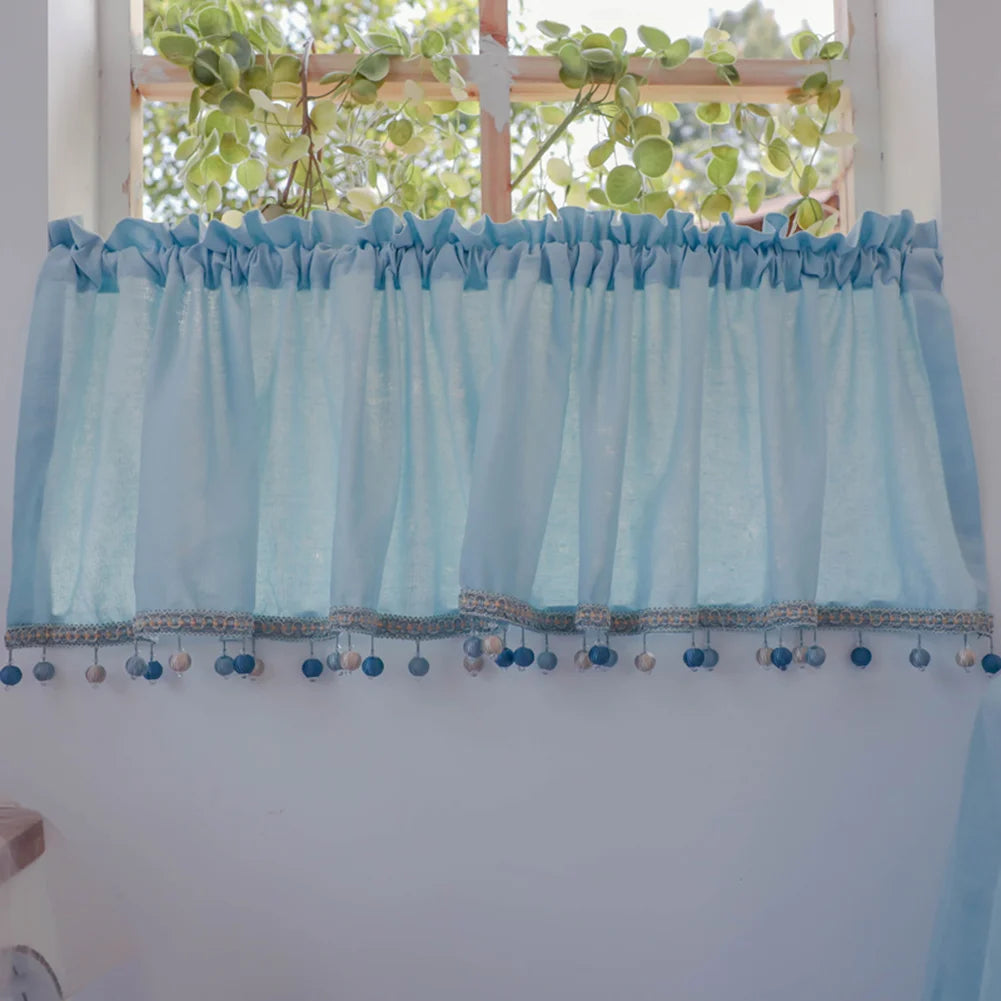 Obbty Solid Color High-end Short Curtain with Colorful Tassel，Romantic and Elegant Design Sheer Curtains Valances Set Half Curtains