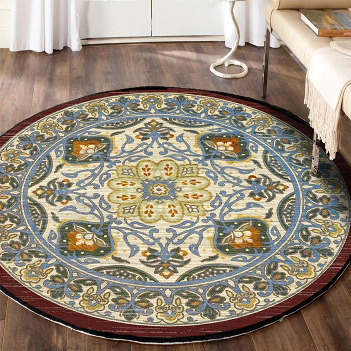 Obbty Persian Carpet Living Room Round Rug Bedroom Home Decor European Retro Pattern Non-slip Floor Mat Machine Washable Area Rugs