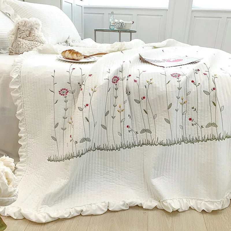 Obbty Ruffles Flowers Embroidery Summer Quilt 1/3/4 Pcs Set Princess Quilted Bedspread Air-conditioning Blanket Comforter Bedding Set