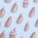 Obbty 24pcs French False Nails 3D Bow Knot Flowers False Nails Pink Almond Press-on Nail Ballet Style Imitation Pearl Design Nail Art