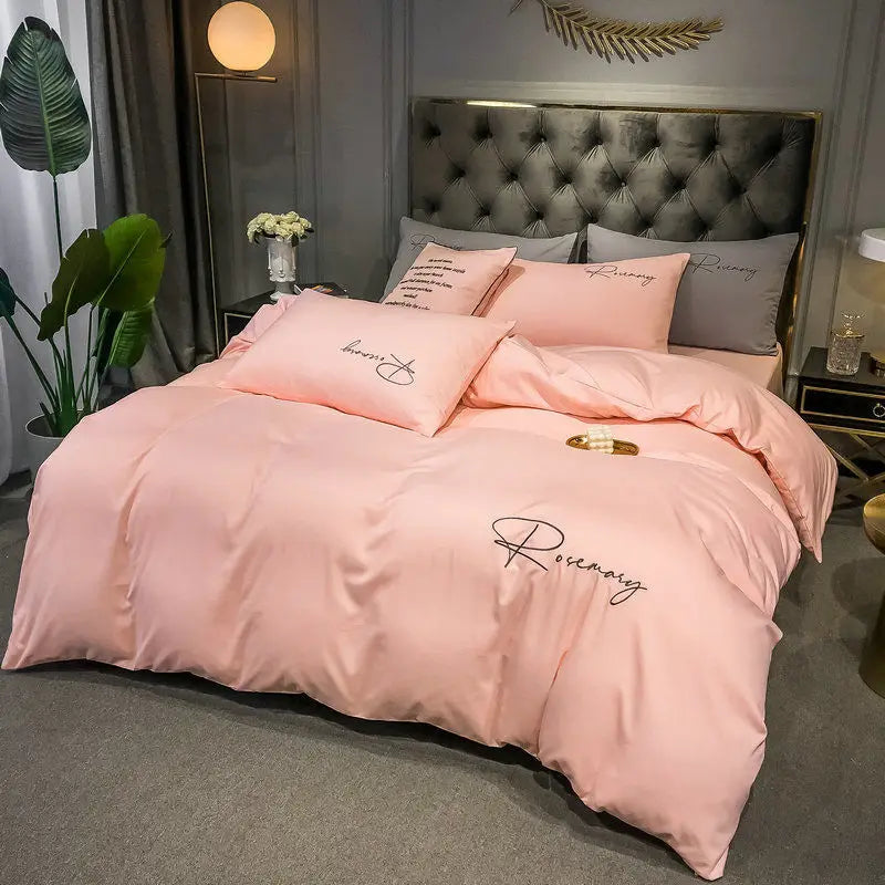 Obbty High End Skin Friendly Bedding Set Queen Luxury Embroidery Duvet Cover Set with Flat Sheet Simple Durable King Size Bedding Sets