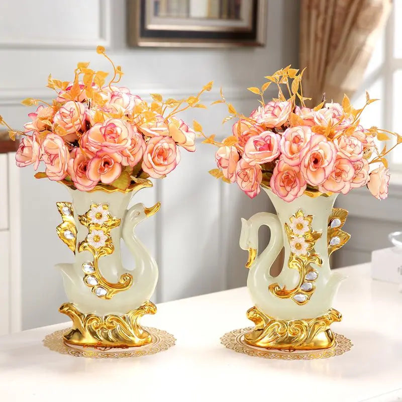 Obbty European style Ceramic Gold Vase Arrangement Dining Table Home Decoration Accessories Creative Golden Swan Vases