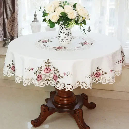 Obbty New Lace Tablecloth Pastoral Round Tablecloth Dining Table Cloths Home Embroidery Table Cover Rose Gold Decoration House Towel