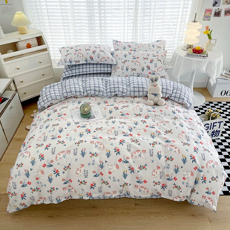 Obbty Cute Cat Duvet Cover Cotton 3 PCS Floral Bedding Sets All Seasons Comforter Covers for Boys Girls Kids Teen Dorm Preppy College