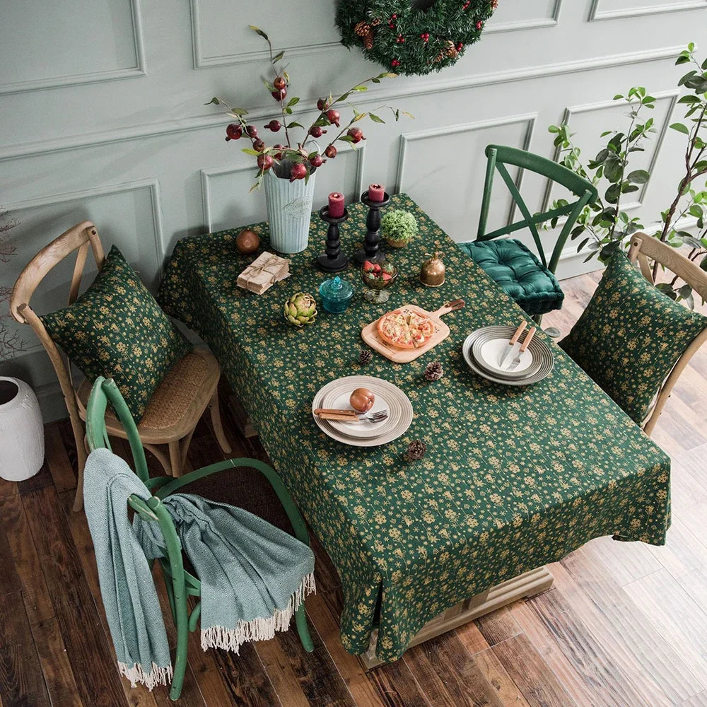 Obbty Linen Cotton Christmas Party Tablecloth, Japanese Green Bronzing Wind Chimes, Rectangle Dinning Table Cover for Home Decoration