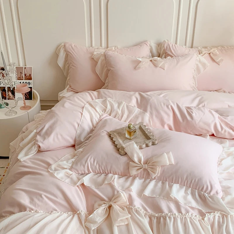 Obbty Pink Romantic French Princess Bedding Set, Lace Ruffles, Bow Bedding Set, Single, Queen, King, Duvet Cover, Bed Sheet, Pillowcas