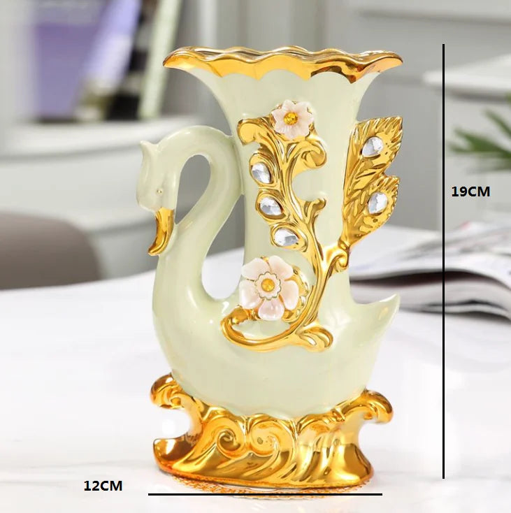 Obbty European style Ceramic Gold Vase Arrangement Dining Table Home Decoration Accessories Creative Golden Swan Vases