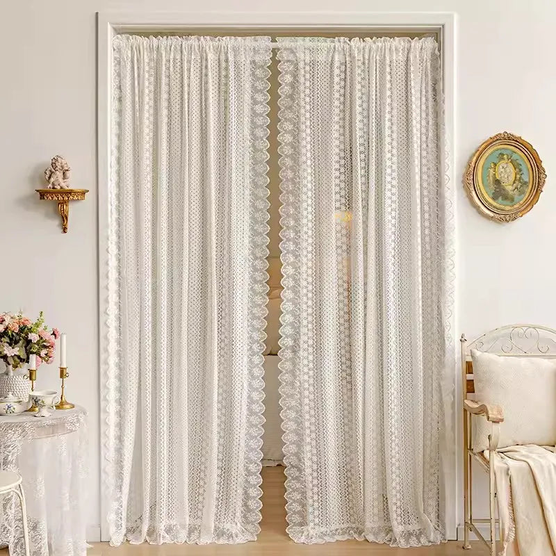 Obbty French Retro Lace Tulle Curtain For Bedroom Balcony American Pastoral White Lace Veil Sheer Panel Partition Door Drapes Custom