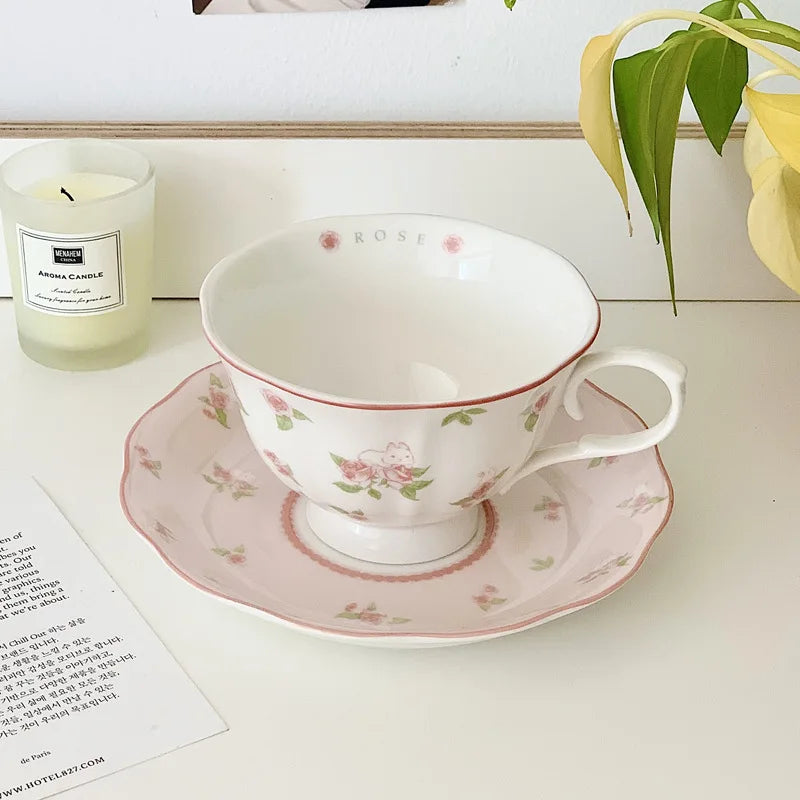 Obbty French Pink Rabbit Print Vintage Coffee Cup and Saucer Set Ceramic Cup Cute Girls' Afternoon Tea Dim & Saucer