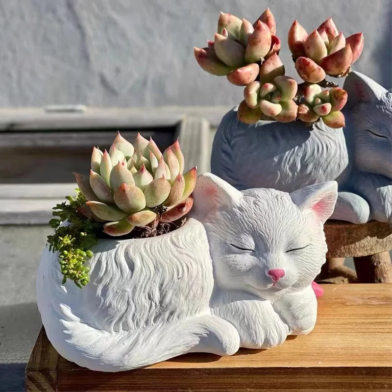 Obbty Cute Kitten Fleshy Plant Flower Pot Silicone Mold Cat Succulent Plant Flowerpot Concrete Silica Gel Mold Home Decor Gypsum Mould