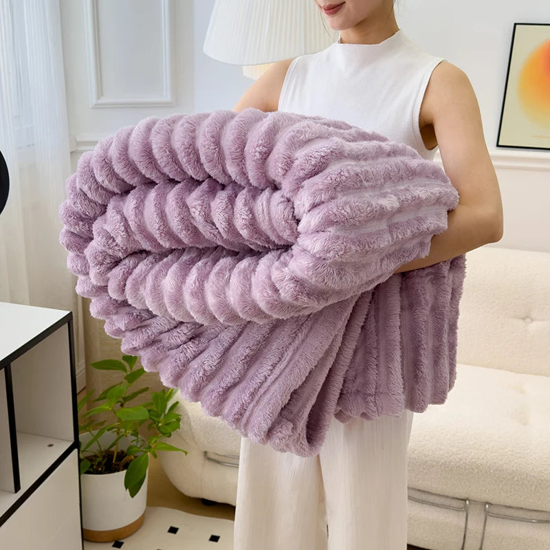 Obbty Soft Fluffy Wide Striped Blankets for Beds Air Conditioner Plush Throw Blanket Winter Bed Linen Sofa Cover Bedspread Blankets