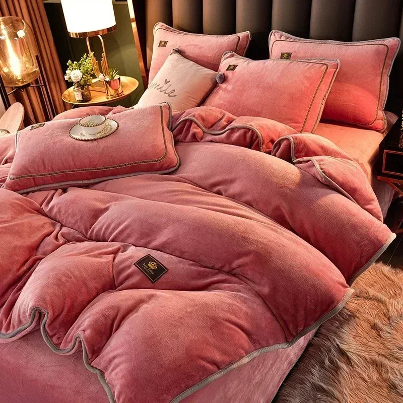 Obbty Luxury Milk Velvet Ultra-thick Warm Bedding Set for Winter Warmth Skin-friendly Duvet Cover Set King Antistatic Quilt Cover Sets