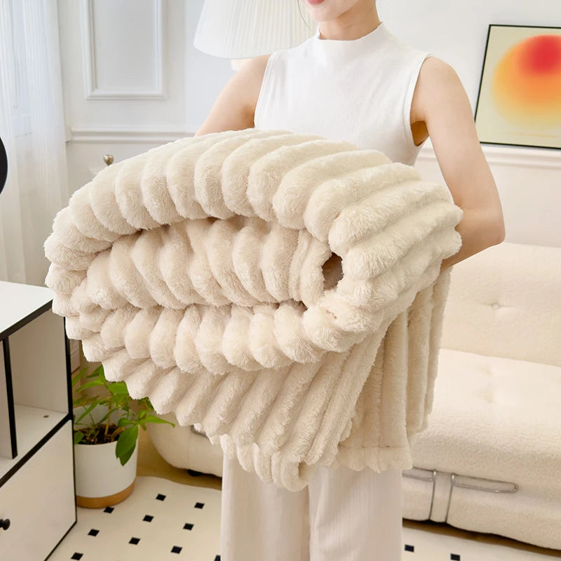 Obbty Soft Fluffy Wide Striped Blankets for Beds Air Conditioner Plush Throw Blanket Winter Bed Linen Sofa Cover Bedspread Blankets