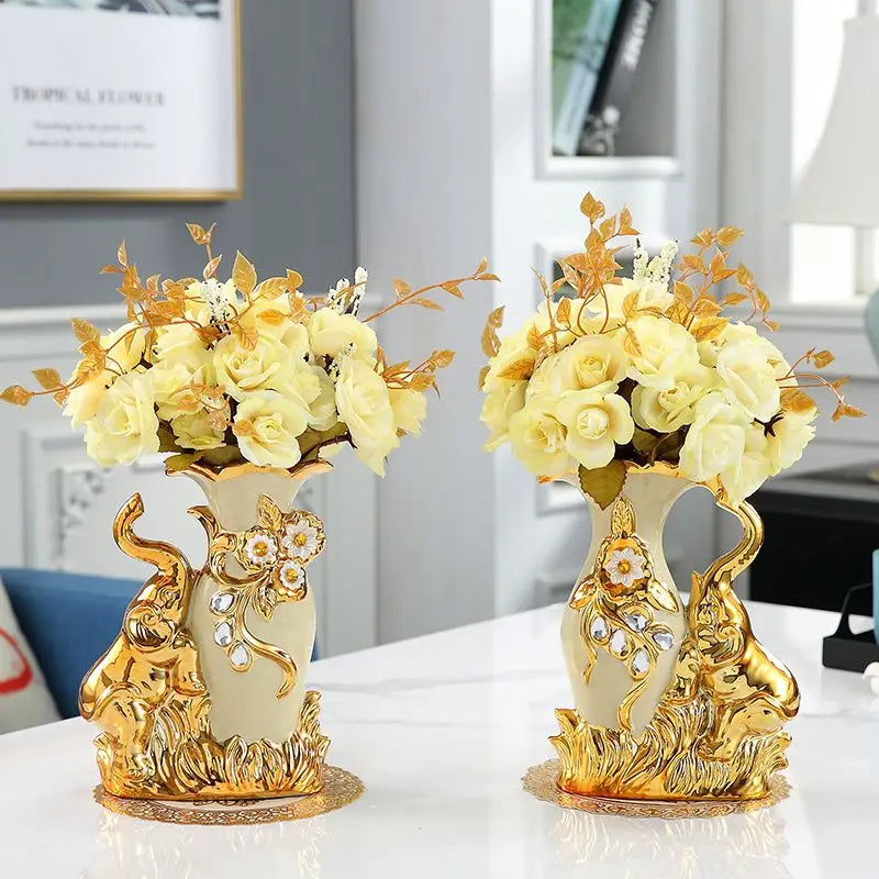 Obbty European style Ceramic Gold Vase Arrangement Dining Table Home Decoration Accessories Creative Golden Swan Vases