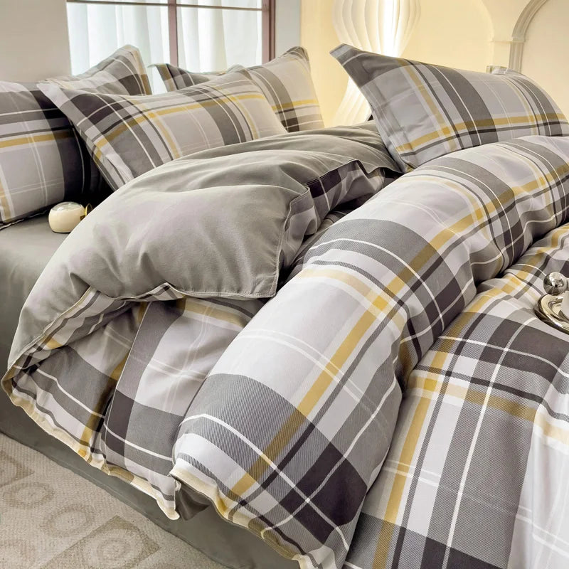 Obbty Simple Color Plaid Duvet Cover Set Breathable Skin Friendly Zipper Quilt Cover Japanese Style Home Bedding Set Machine Washable