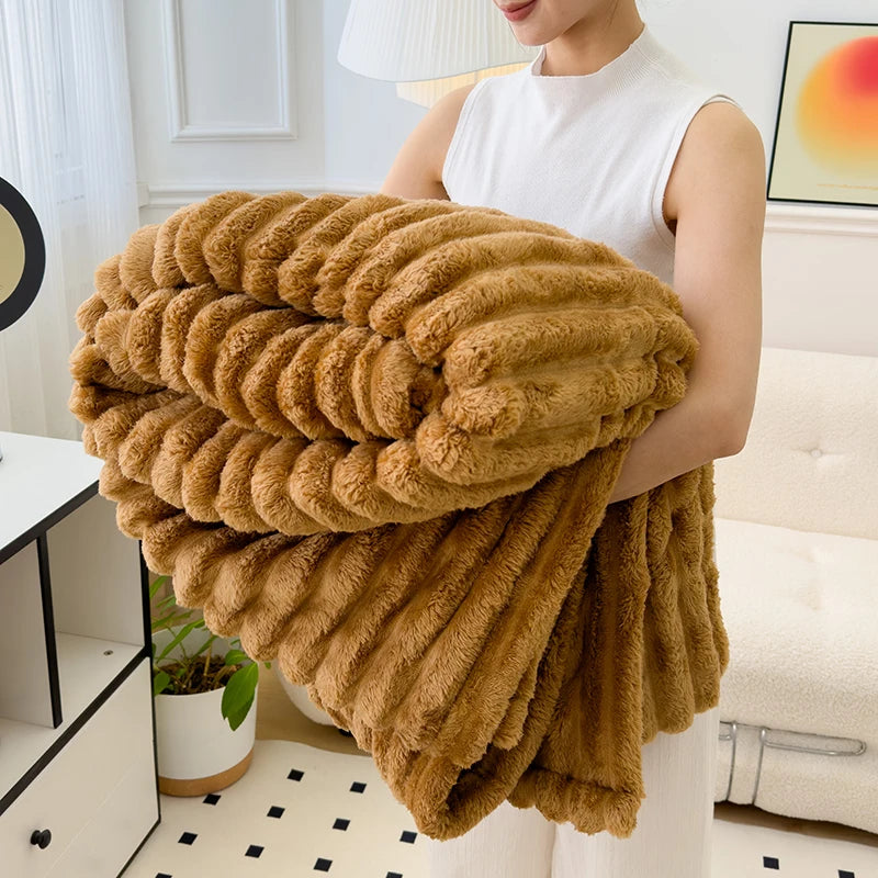 Obbty Soft Fluffy Wide Striped Blankets for Beds Air Conditioner Plush Throw Blanket Winter Bed Linen Sofa Cover Bedspread Blankets