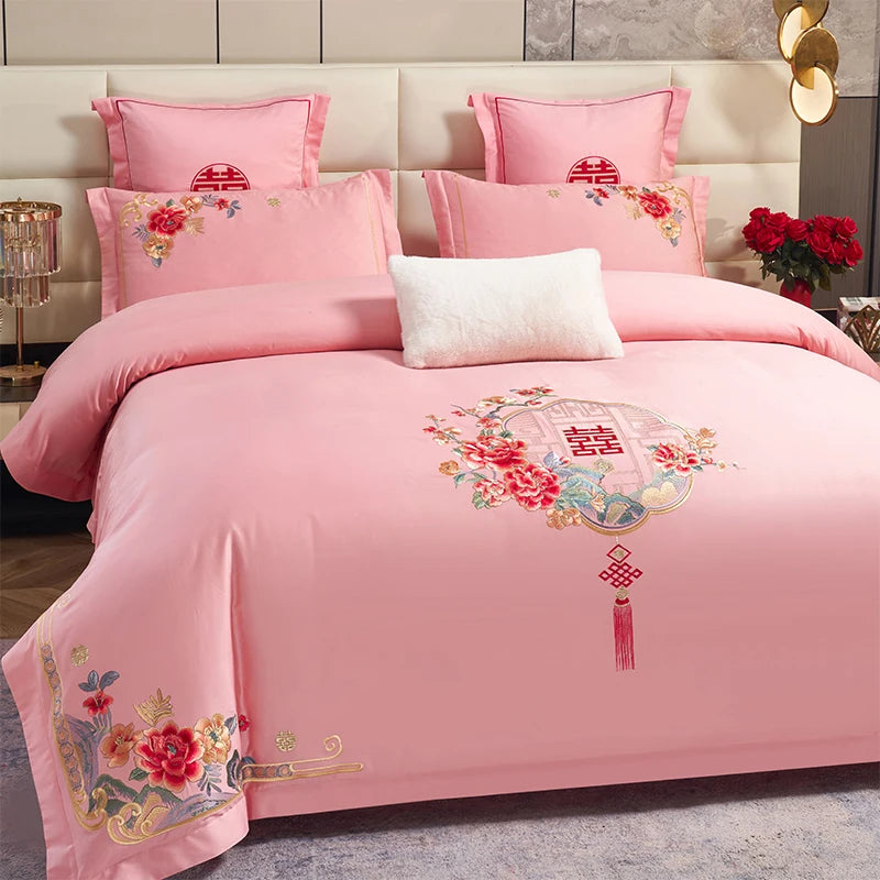 Obbty Pink Red Luxury Chinese Wedding Embroidery 4Pcs Bedding Set 800TC Egyptian Cotton Zippered Duvet Cover Set Bed Sheet Pillowcases