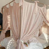 Obbty Eco-friendly Linen Fabric Bed Canopy for Girls & Adults, Linen Bed Curtain Canopy Drapes, Lace Ruffle Pastoral Canopies Netting