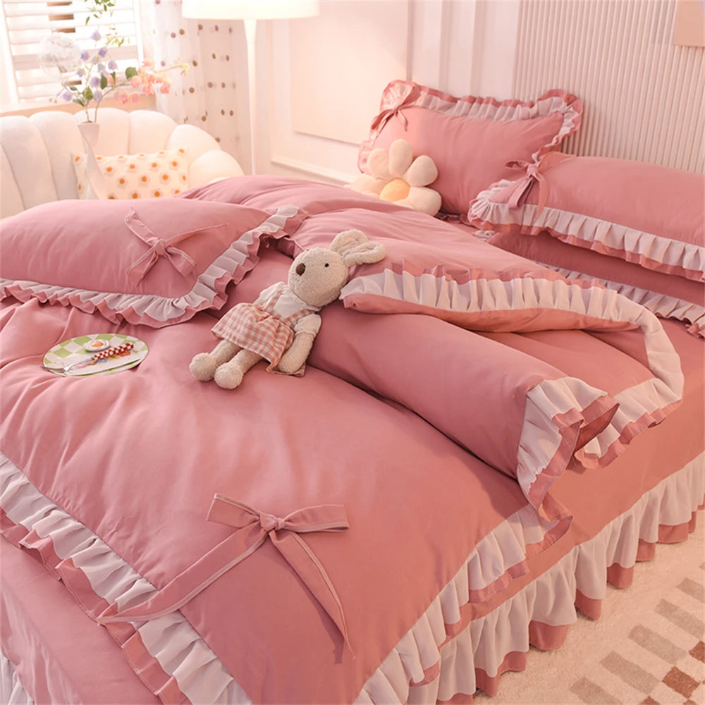 Obbty Purple Bedding Sets Kawaii Seersucker Bed Sheet Pillowcase Fashion Girls Princess Duvet Cover Set 4 Pieces Cute Home Decoration