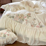 Obbty 1200TC Egyptian Cotton Romantic French Wedding Bedding Set Lace Ruffles Flower Embroidery Duvet Cover Set Bed Sheet Pillowcases